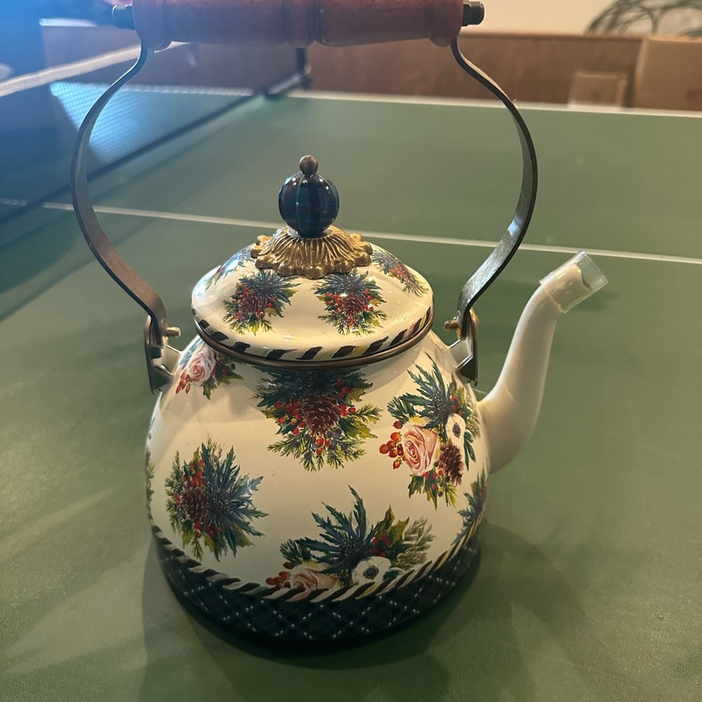 Mackenzie-Child’s Floral Enamel Teapot with Wooden Handle